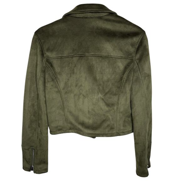 Topshop Faux Suede Moto Jacket Lux Olive Green With Silver Hardware Size 6 - Picture 2 of 8